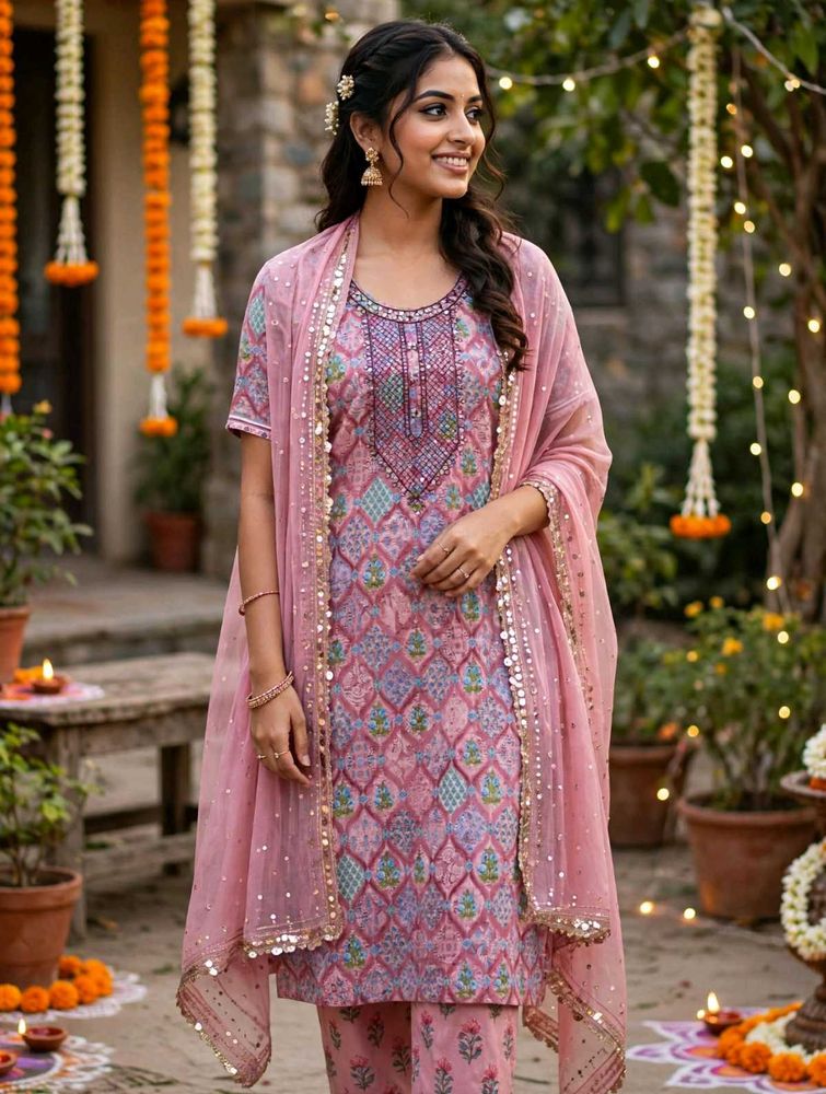 Pink Printed Kurta Set with Dupatta
