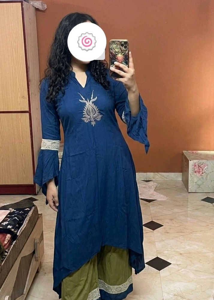 Blue Asymmetric Kurti &amp; Olive Green Sharara