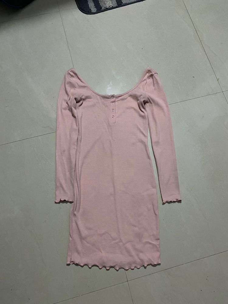 Ribbed Pink Long Sleeve Mini Dress