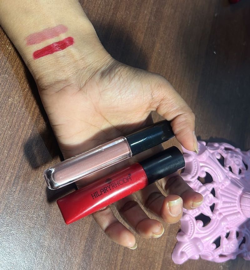 Nude and red lipsti combo