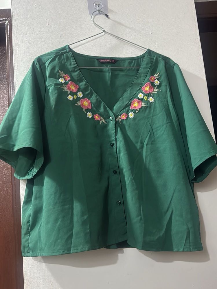 Green Embroidered V-Neck Blouse