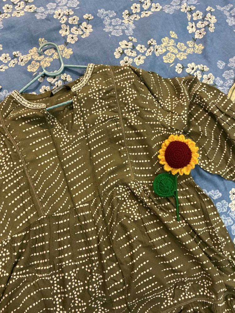 Olive Green Printed Tiered Kurti/Dress