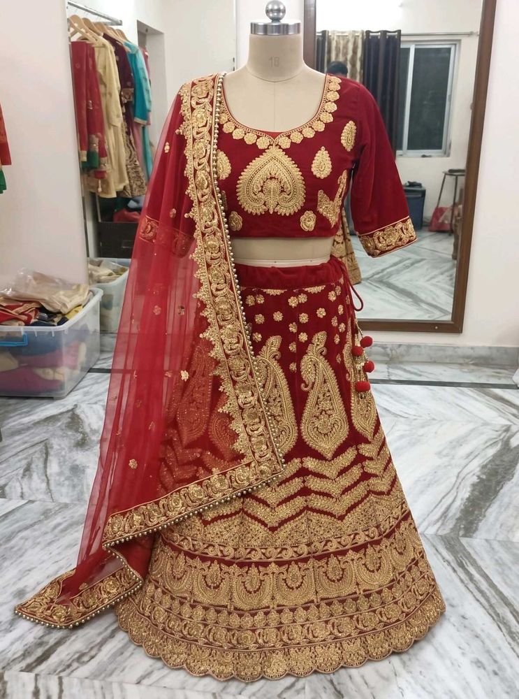 Bridal Red Velvet Lehenga Choli with Golden Embroi