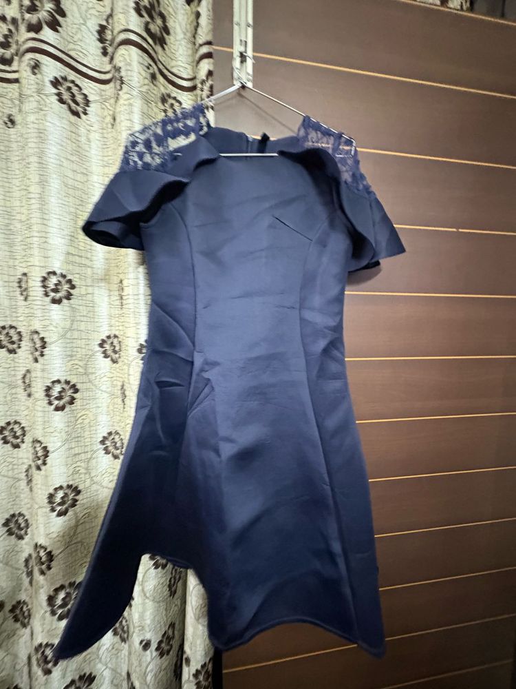 Elegant Navy Lace Shoulder Dress
