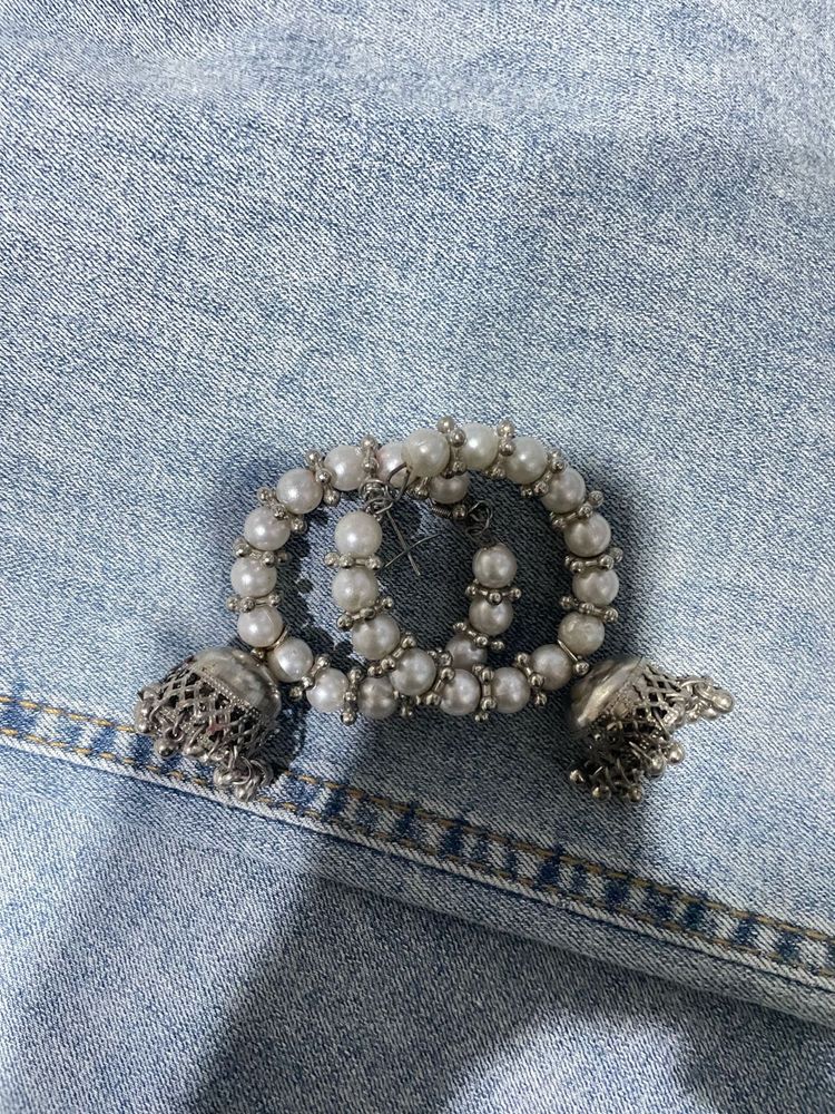Elegant Pearl &amp; Silver Jhumka Set