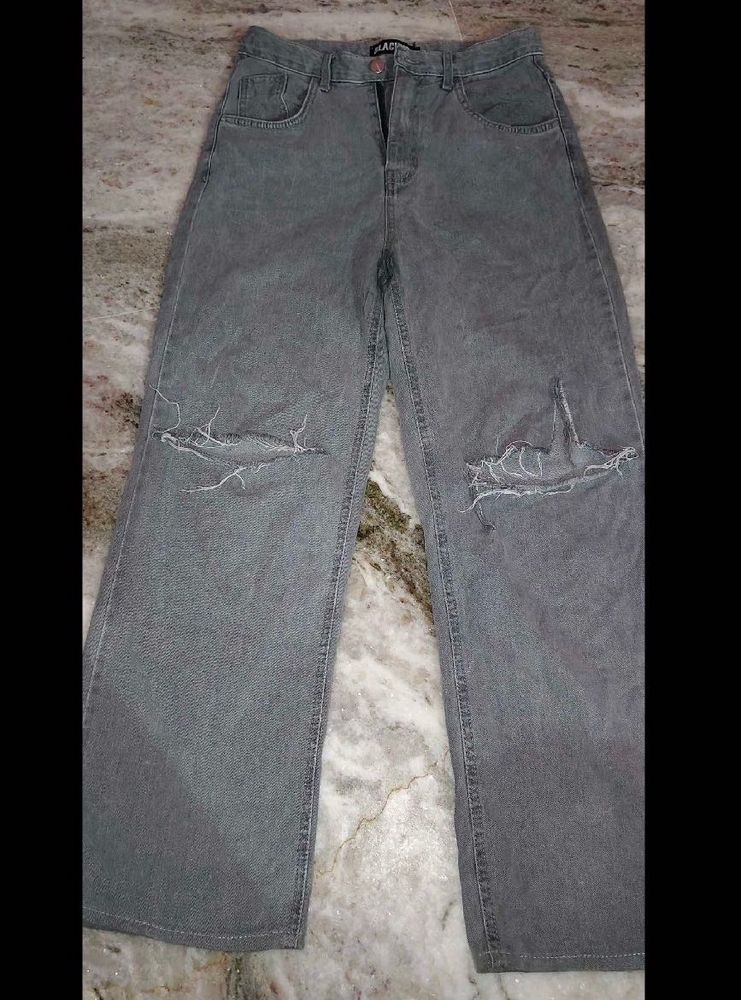 Grey Ripped Wide Leg Jeans