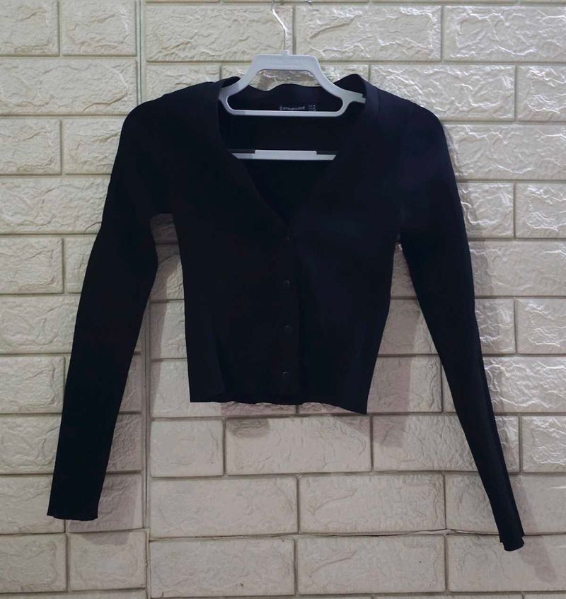 Stradivarius Black Ribbed Cropped Cardigan