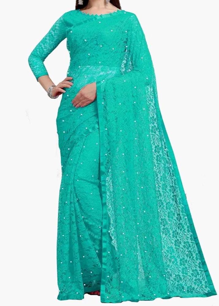 Stunning Teal Lace Saree with Pearl Embellishments