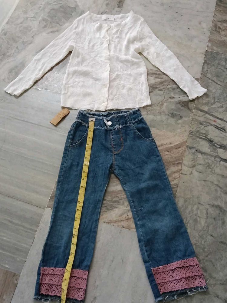 Girls White Cardigan &amp; Jeans Set