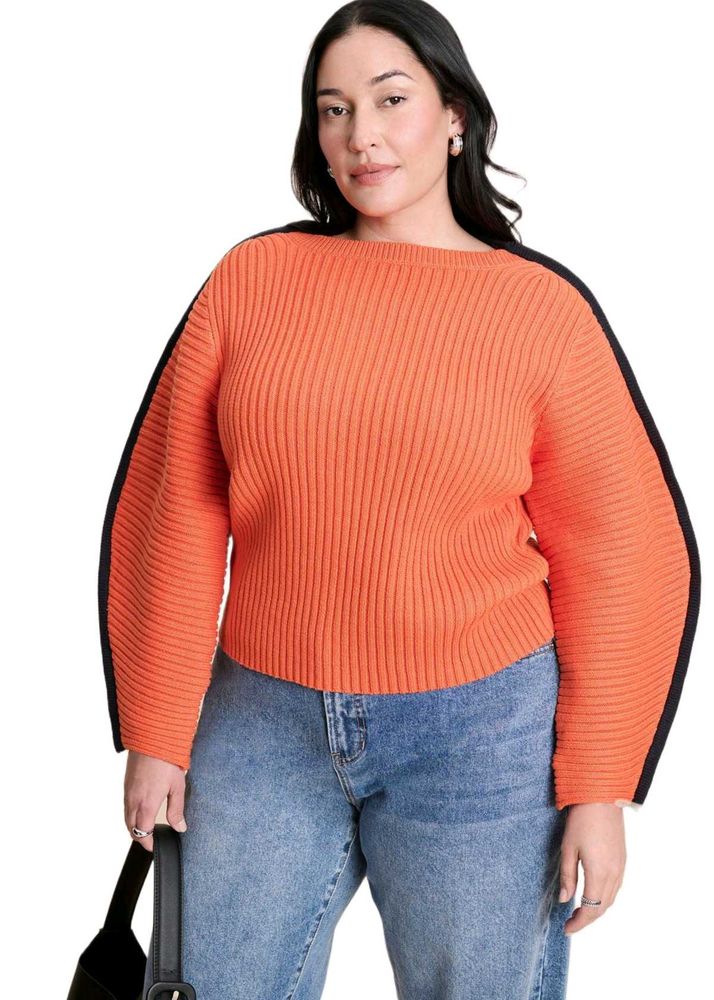 Orange Ribbed Knit Sweater with Black Stripes