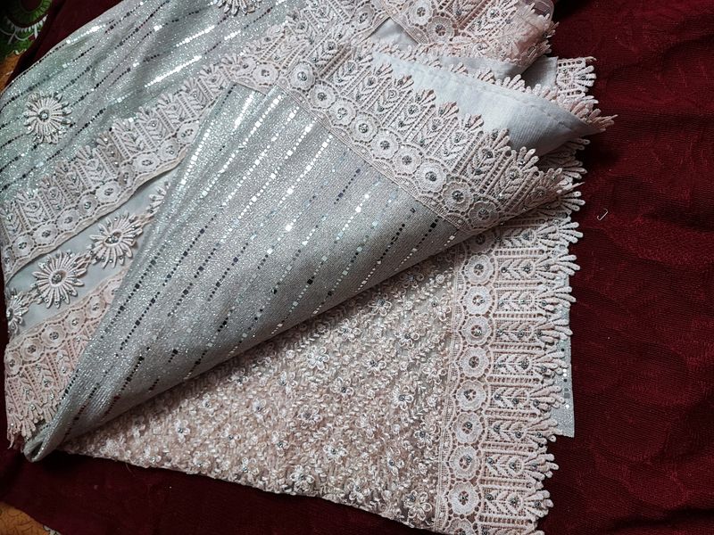 Pink &amp; silver Sequinned- Designer Saree