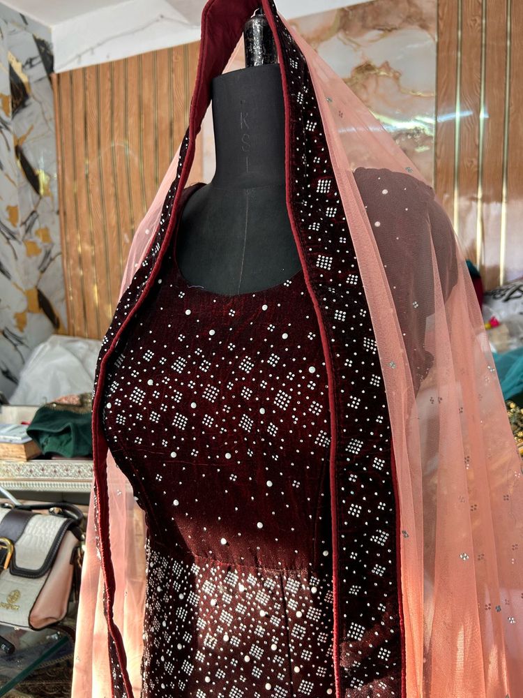 Exquisite Maroon Velvet Lehenga Choli