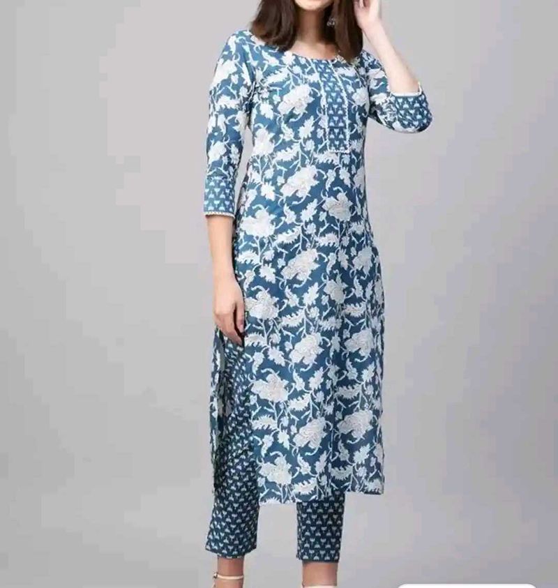 Blue Floral Kurta Set for Women pure cotton new