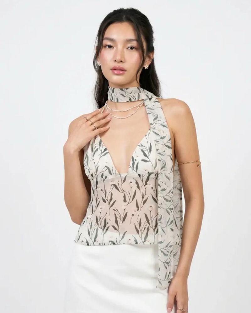 Sheer Leaf Print Halter Neck Top