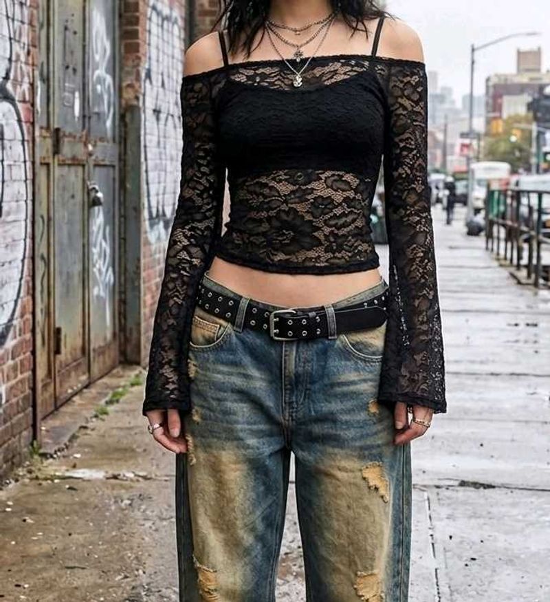 Black Lace Off-Shoulder Long Sleeve Top