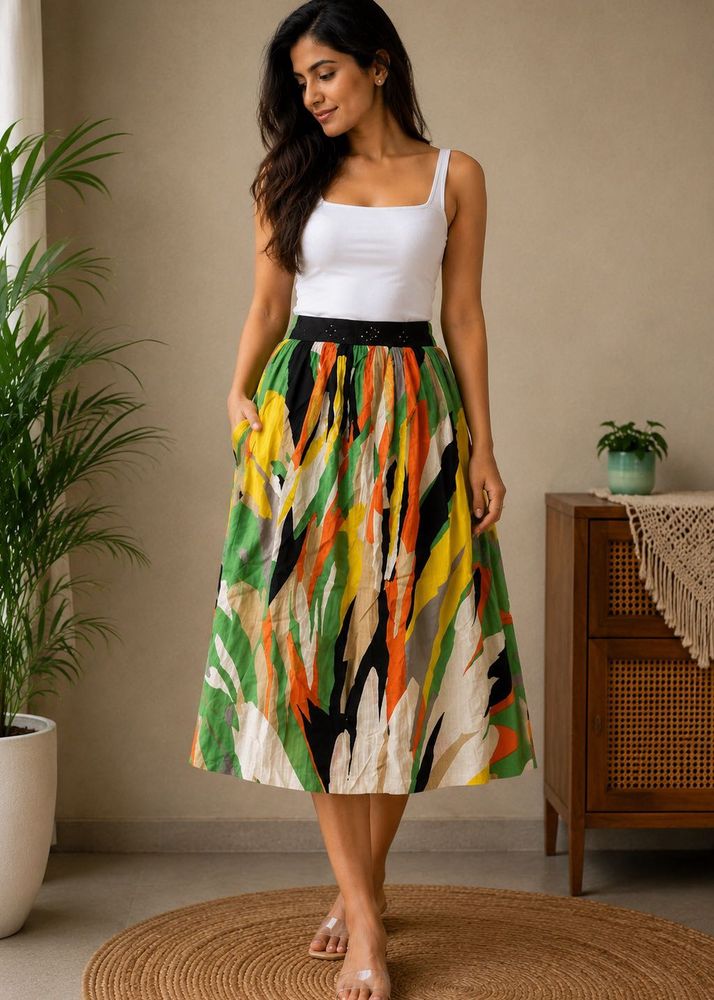 Colorful Abstract Print Midi Skirt