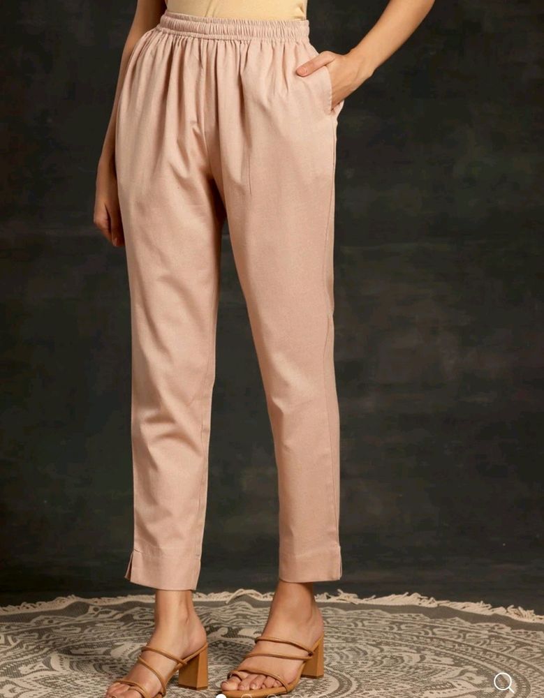 Libas Peach Solid Cotton Straight Fit Trouser
