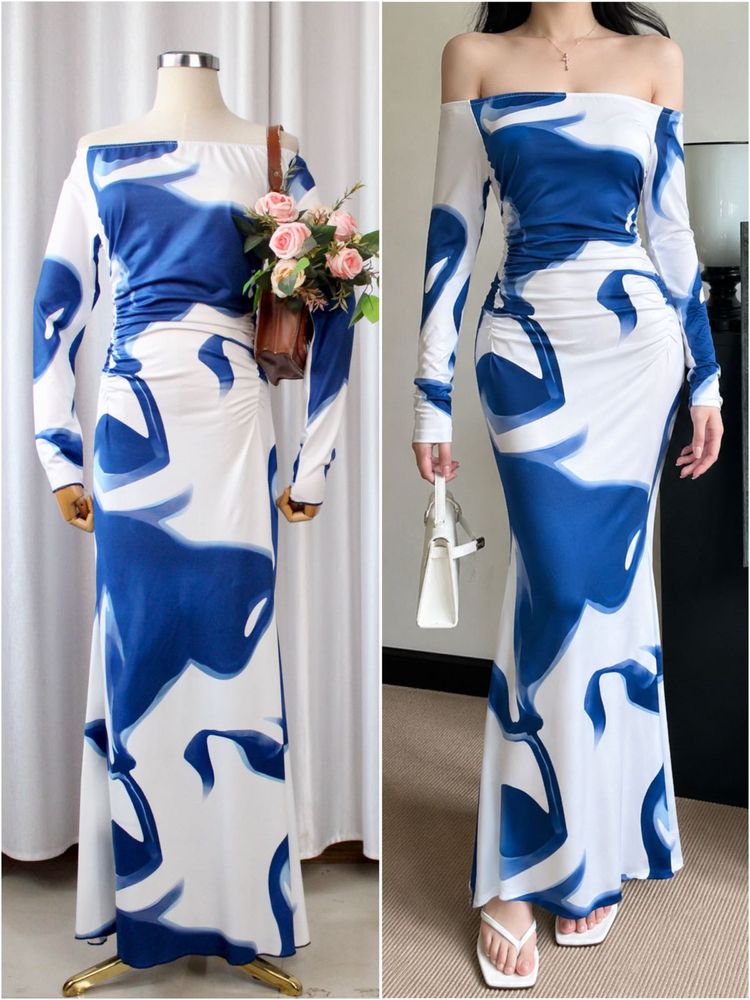Elegant Off-Shoulder Blue &amp; White Maxi Gown