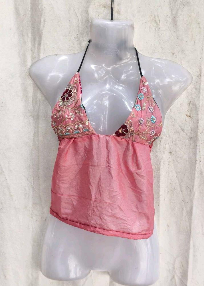 Pink Embroidered Halter Neck Blouse