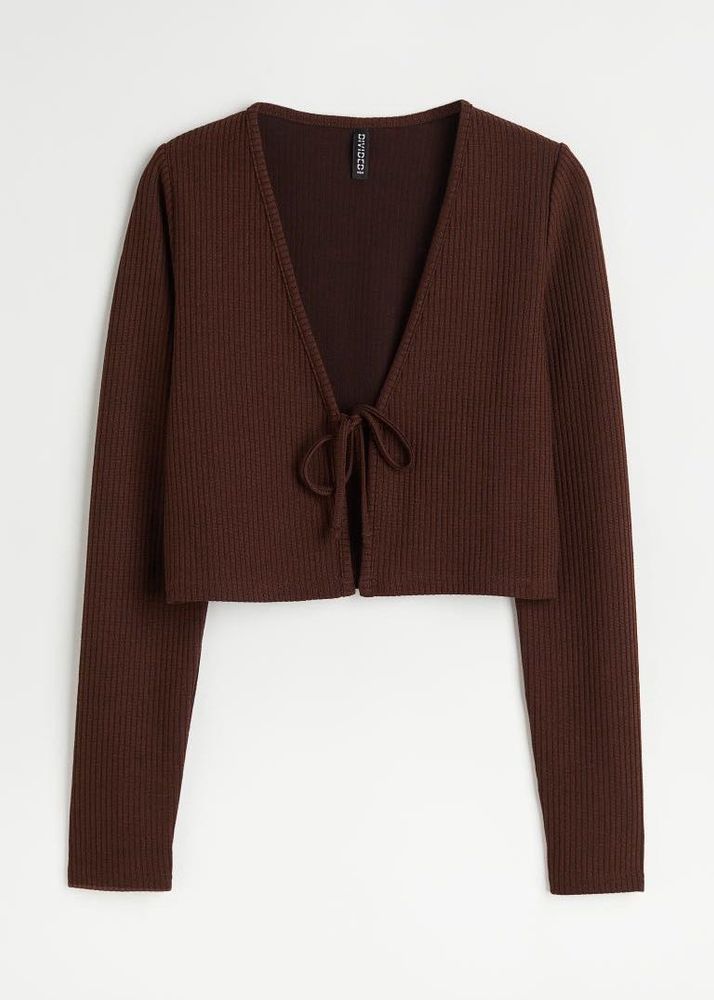 Brown Ribbed Tie-Front Cropped Cardigan