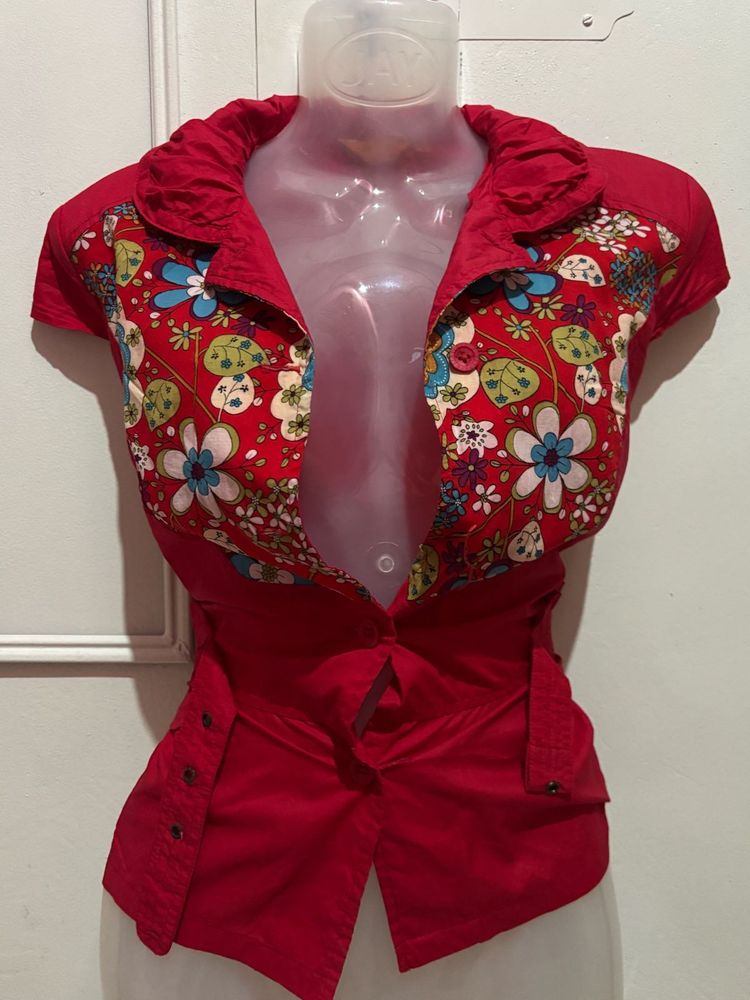 Vibrant Red Floral Collared Top