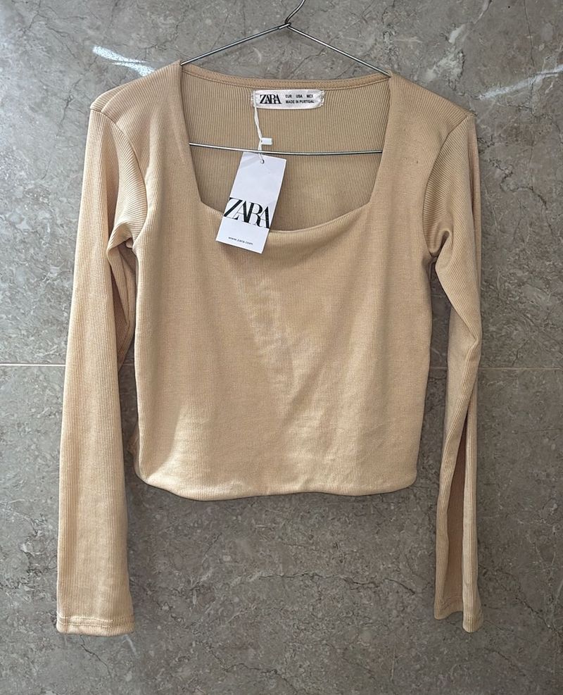 ZARA Beige Long Sleeve Square Neck Top