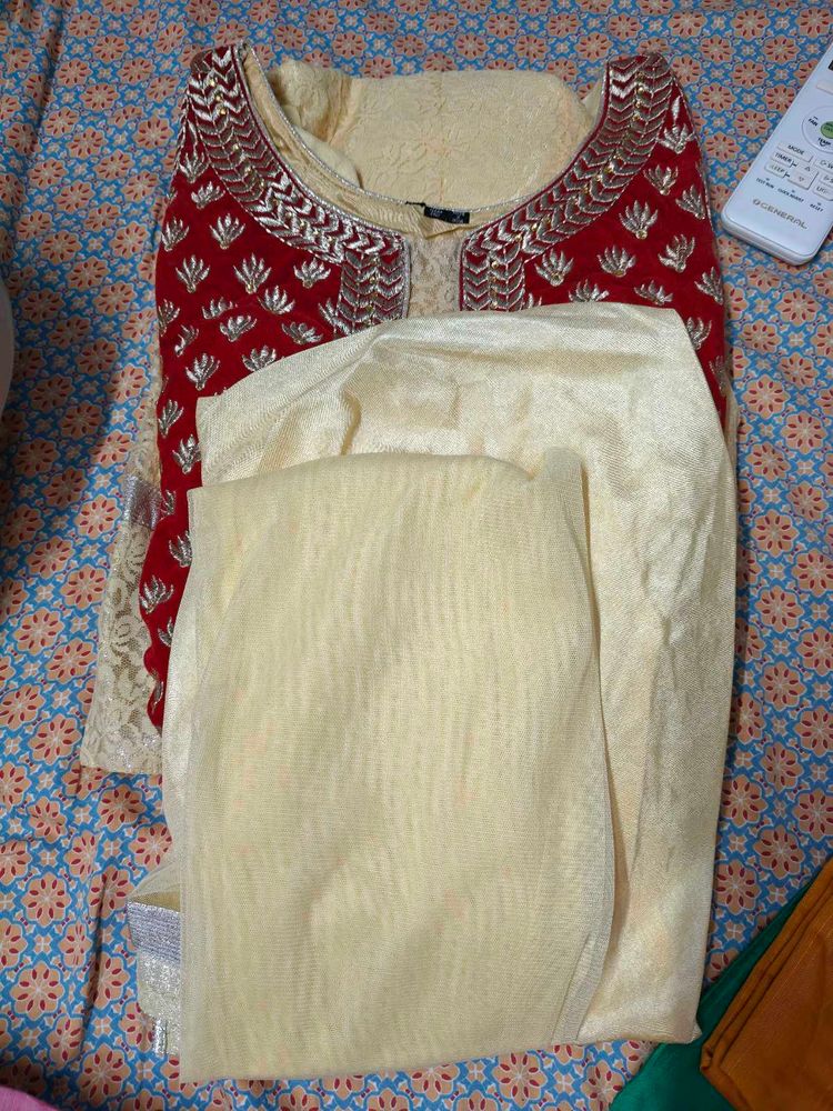 Red Embroidered Kurta Set with Cream Dupatta