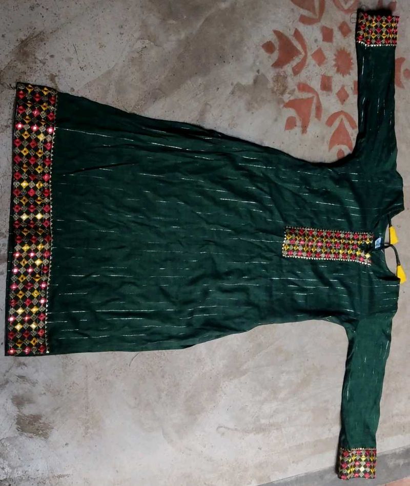 Green Embroidered A-Line Kurti