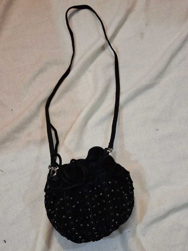Black Beaded Drawstring Pouch Bag