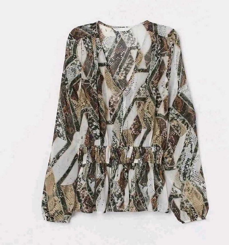 H&amp;M Sheer Snake Print V-Neck Blouse