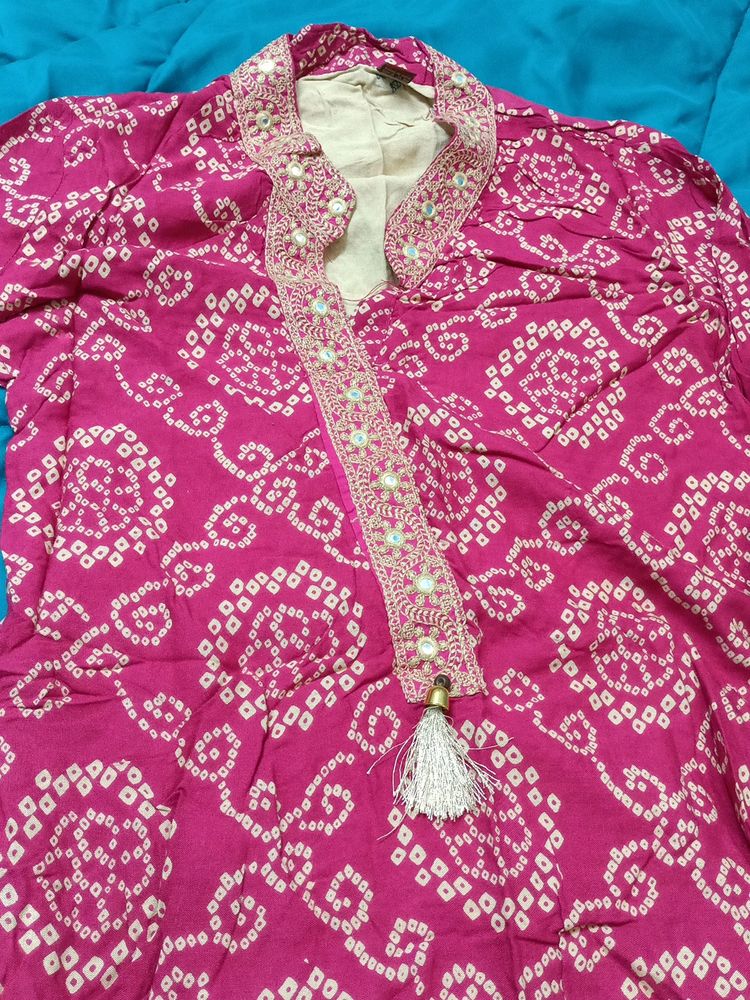 Silai Bandhej Pink Embroidery  Kurta with Sahara Bottom