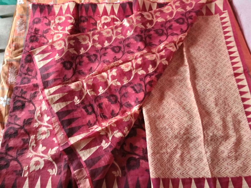 Maroon &amp; orange and black Floral Printed Saree wit