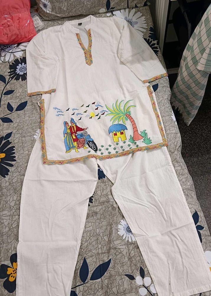 White Kurta Set with Hand Embroidery