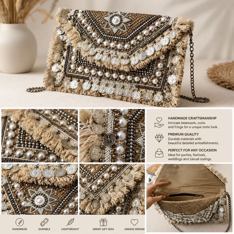 Bohemian Beaded Clutch with Fringe &amp; Coins