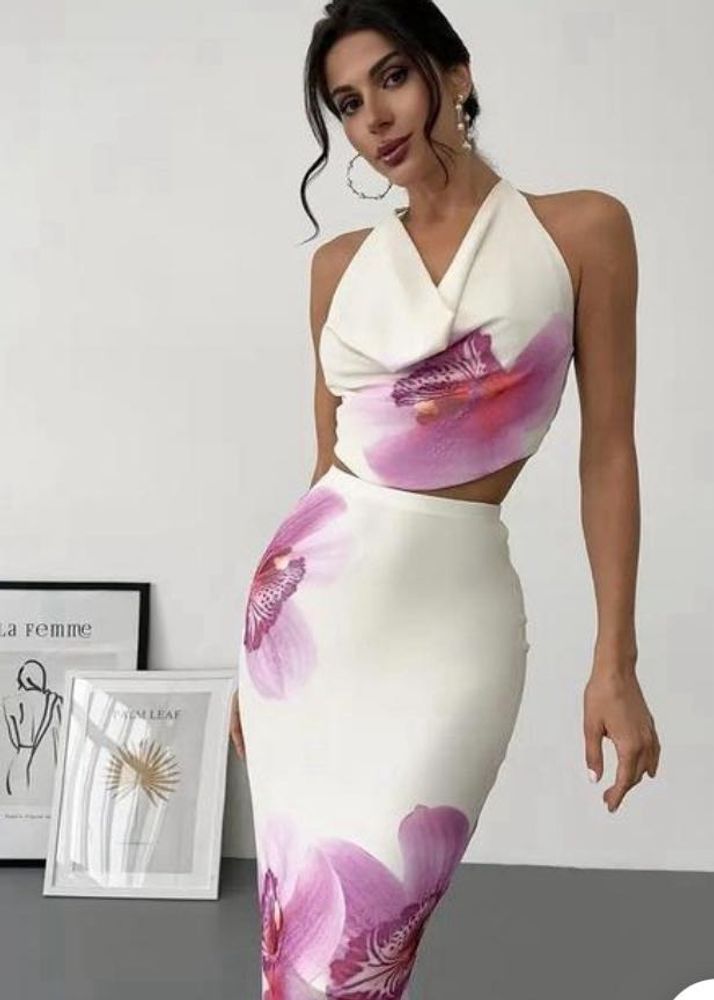 Floral Print Halter Neck Crop Top &amp; Skirt Set