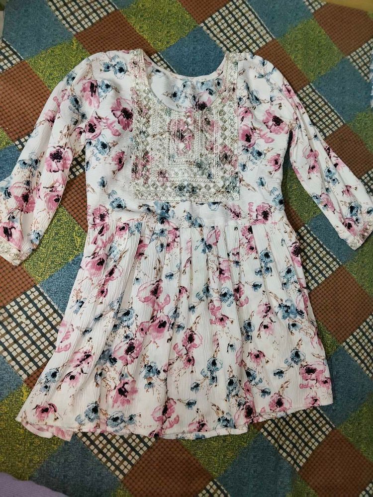 Floral Print Kurti with Embellished Neckline