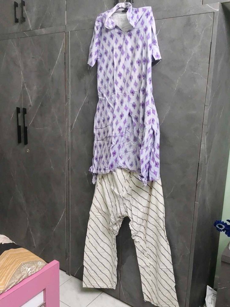 Purple Ikat Print Kurta and Pants Set