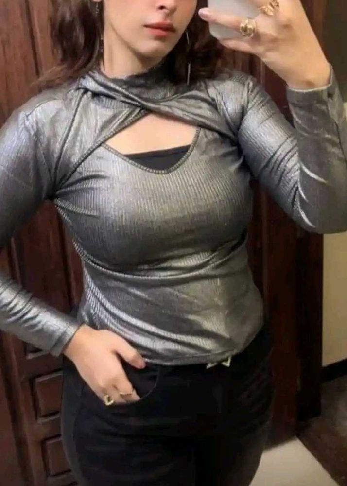 Metallic Cut-Out Long Sleeve Top