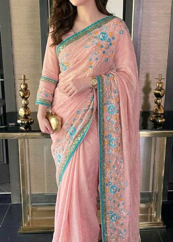 new Elegant Pink Embroidered Saree
