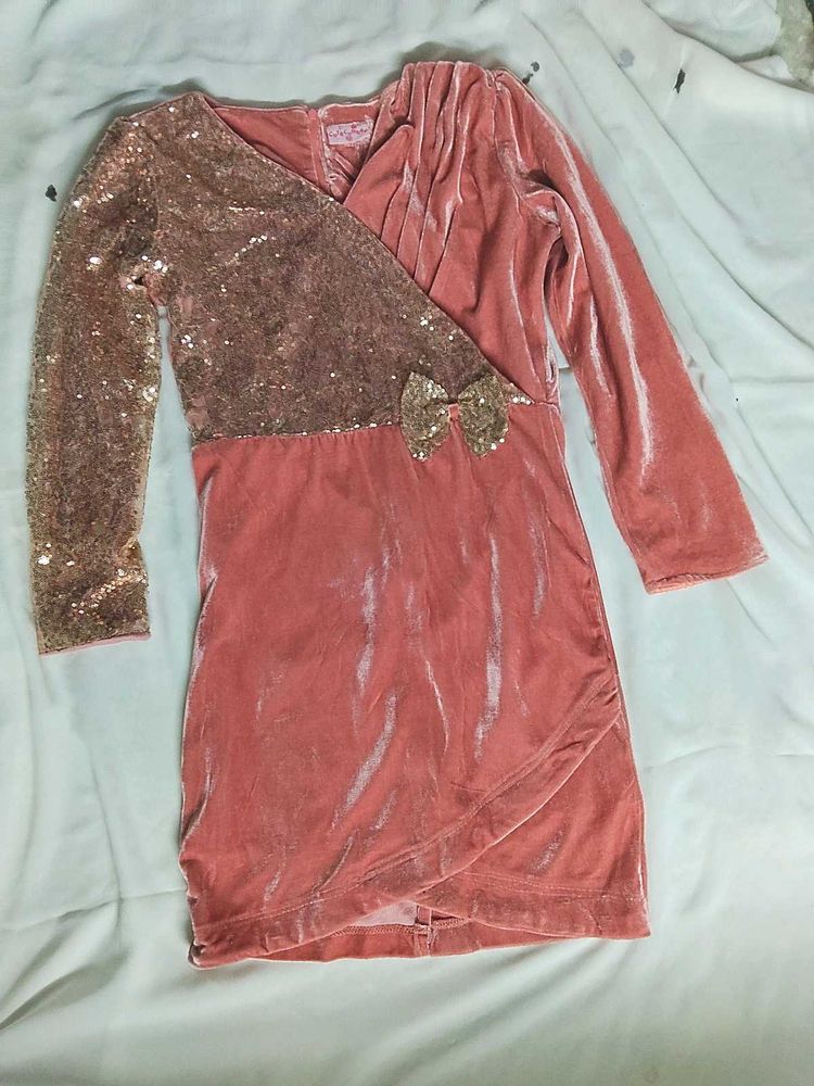 Sparkly Pink Velvet Dress with Bow