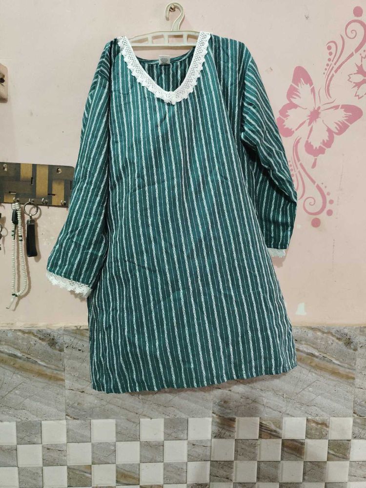 Green Striped Kurta with Lace Detail