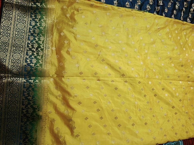 Beautiful Golden And Blue Combination Silk Saree