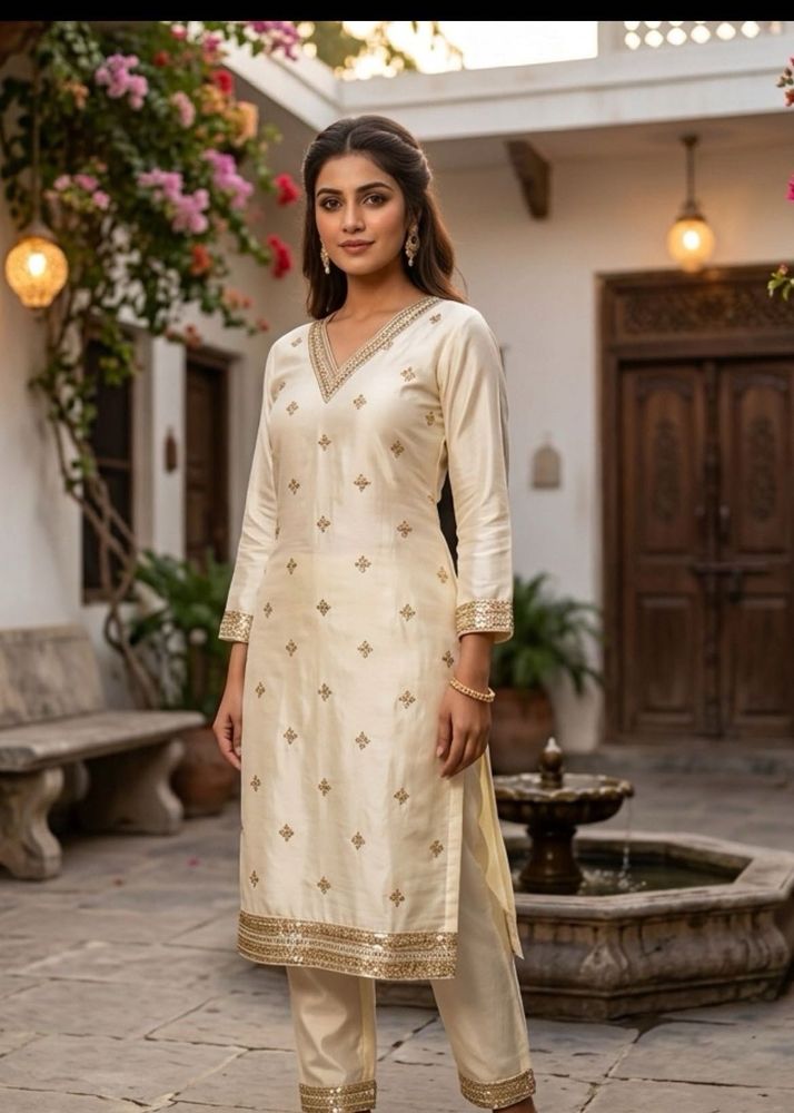 Elegant Cream Silk Kurta Set with Gold Embroidery