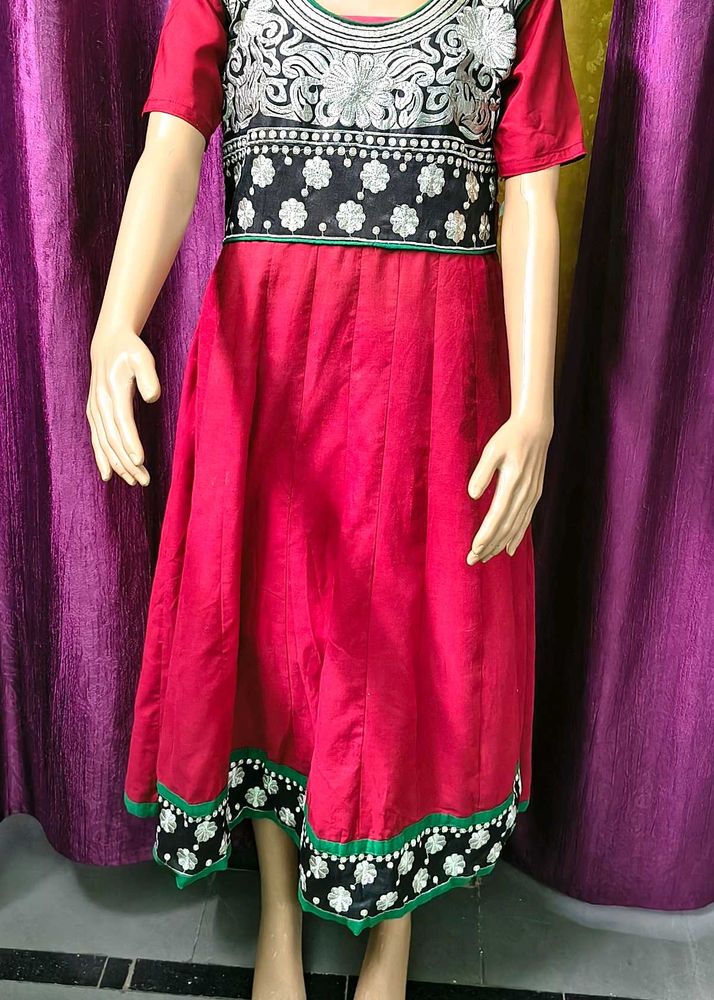 Red Anarkali Kurta with Embellished Yoke