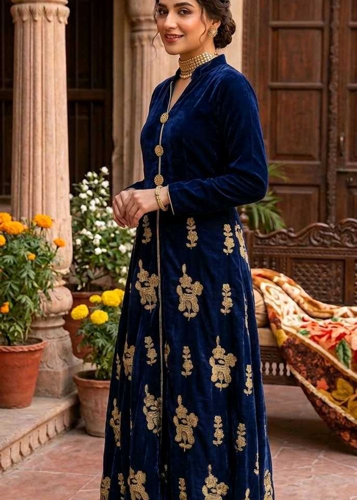 Blue Velvet gown with Gold Embroidery