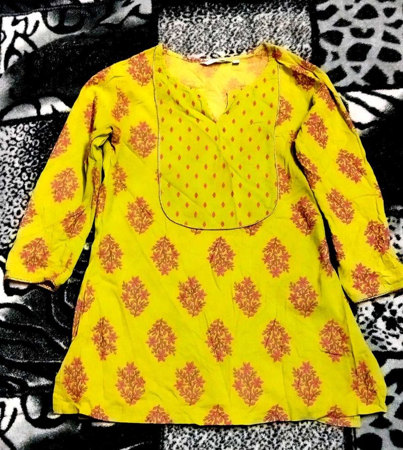 Yellow Kurta with pink  Block Print, size L