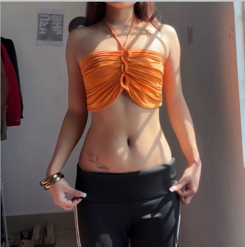 Orange Halter Neck Ruched Crop Top