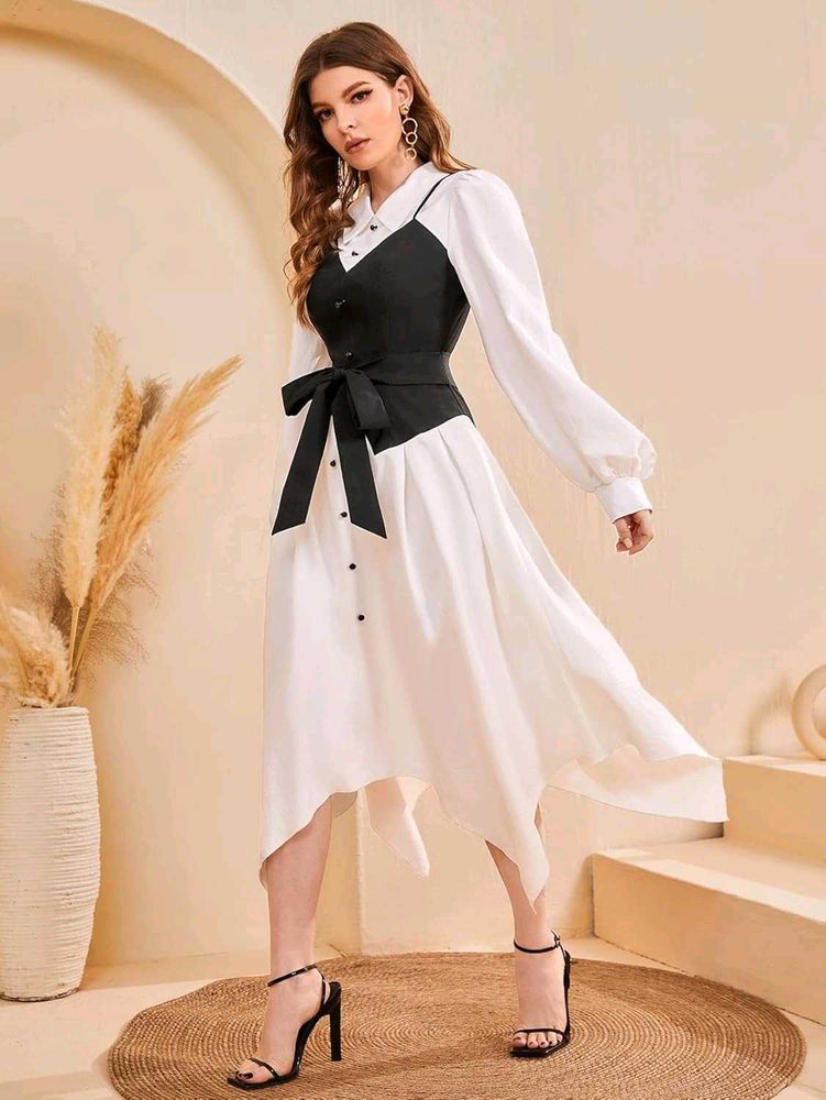 SHEIN Colorblock Bishop Sleeve Asymmetrical Dress