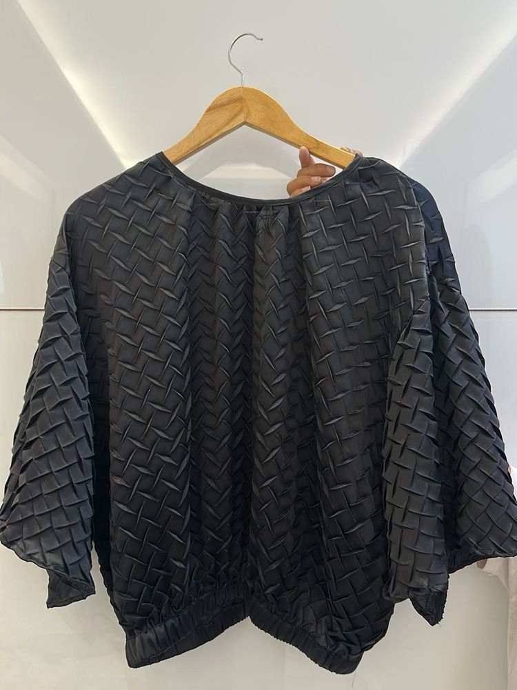 Black Textured Batwing Sleeve Top