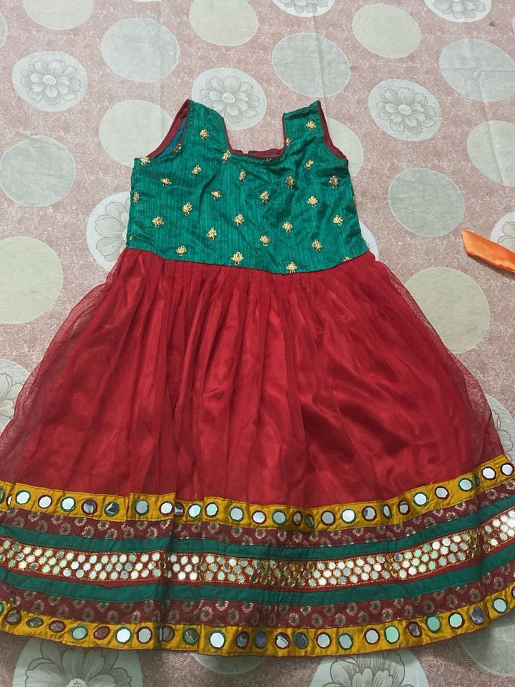 red and sea green short frock